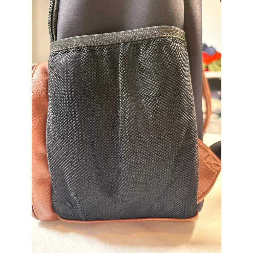 Freshly Picked Diaper Bag Backpack Black Neoprene Brown Faux Leather Travel Bag